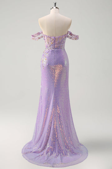 Scintillante Viola Chiaro Mermaid Off La Spalla Paillettes Abito da cerimonia con Fessura
